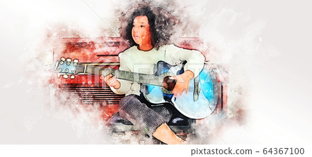Abstract colorful a girl playing acoustic guitar on watercolor illustration painting background. Abstract colorful a girl playing acoustic guitar on watercolor illustration painting background. 64367100