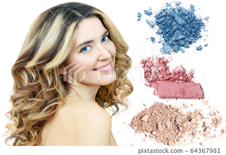 Beautiful woman with colorful samples of eyeshadows. Beautiful woman with colorful samples of eyeshadows. 64367981