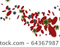 Coronavirus cells among red blood cells. 3D rendering. 64367987