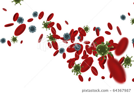 Coronavirus cells among red blood cells. 3D rendering. Coronavirus cells among red blood cells. 3D rendering. 64367987