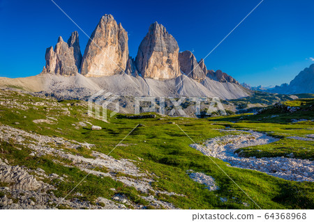 Tre Cime di Lavaredo with green grass, summer, Tre Cime di Lavaredo with green grass, summer, 64368968