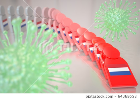 Viruses and falling dominoes with flag of the Netherlands. Coronavirus spread conceptual 3D rendering Viruses and falling dominoes with flag of the Netherlands. Coronavirus spread conceptual 3D rendering 64369558