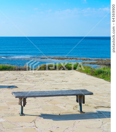 Empty benches  sea Paphos, Cyprus 64369900