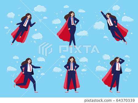 Businesswoman with super hero power flying in the sky 64370339