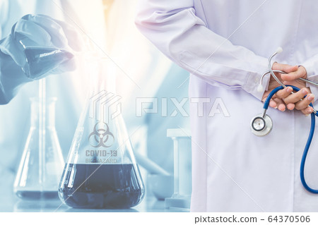 Doctor and microbiologist with vacuum tubes for samples with COVID-19 Coronavirus Doctor and microbiologist with vacuum tubes for samples with COVID-19 Coronavirus 64370506
