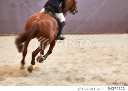 Horseman on chestnut horse rides through a stadium Horseman on chestnut horse rides through a stadium 64370822