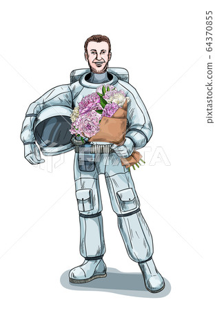 Astronaut holding the helmet and the lush bouquet Astronaut holding the helmet and the lush bouquet 64370855