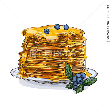 The stack of pancakes with honey and blueberries 64370991