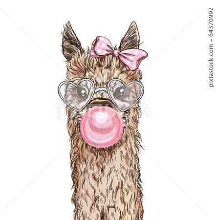 Portrait Of The Cute Alpaca With Pink Bubble Gum Stock Illustration