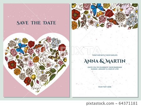 Wedding invitation card with colored shepherd's purse, heather, iris japonica, sakura, gypsophila, chamomile, almond, poppy flower, calendula, blue morpho, lemon butterfly, red lacewing, great orange 64371181