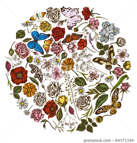 Round floral design with colored shepherd's purse, heather, iris japonica, sakura, gypsophila, chamomile, almond, poppy flower, calendula, blue morpho, lemon butterfly, red lacewing, african giant Round floral design with colored shepherd's purse, heather, iris japonica, sakura, gypsophila, chamomile, almond, poppy flower, calendula, blue morpho, lemon butterfly, red lacewing, african giant 64371194