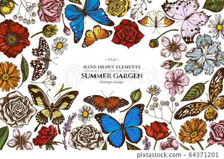 Floral design with colored shepherd's purse, heather, iris japonica, sakura, gypsophila, chamomile, almond, poppy flower, calendula, menelaus blue morpho, blue morpho, lemon butterfly, red lacewing 64371201