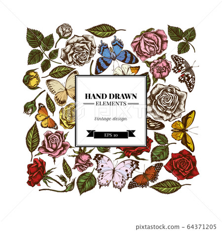 Square floral design with colored lemon butterfly, red lacewing, african giant swallowtail, alcides agathyrsus, wallace's golden birdwing, purple spotted swallowtail, forest mother-of-pearl, great 64371205