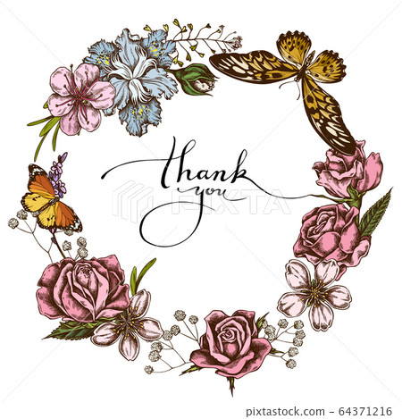 Floral Wreath of colored shepherd's purse, heather, iris japonica, sakura, gypsophila, almond, african giant swallowtail, plain tiger, roses 64371216