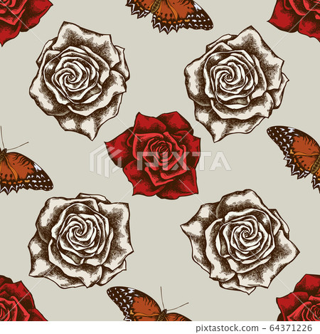 Seamless pattern with hand drawn colored red lacewing, roses 64371226
