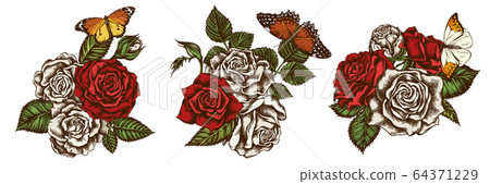 Flower bouquet of colored red lacewing, great orange-tip, plain tiger, roses Flower bouquet of colored red lacewing, great orange-tip, plain tiger, roses 64371229