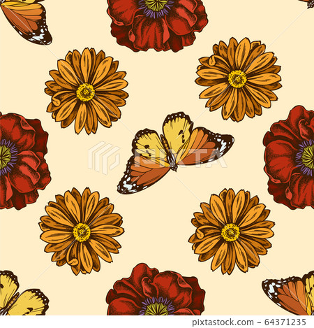 Seamless pattern with hand drawn colored poppy flower, calendula, plain tiger Seamless pattern with hand drawn colored poppy flower, calendula, plain tiger 64371235