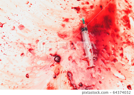 Bloody in sink with flowing red blood. Murder concept background. syringe Bloody in sink with flowing red blood. Murder concept background. syringe 64374032