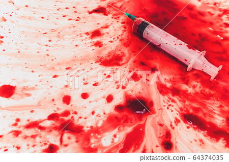 Bloody in sink with flowing red blood. Murder concept background. syringe Bloody in sink with flowing red blood. Murder concept background. syringe 64374035