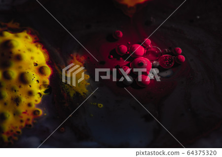 Color abstraction. Creative macro photography of bubbles in liquid. 64375320