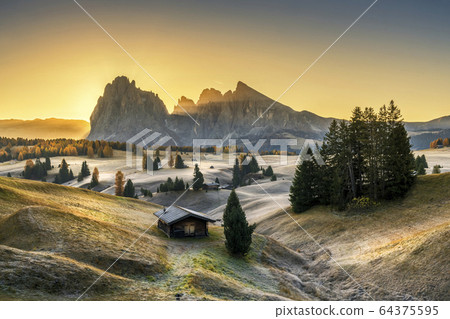Alpe di Siusi valley in Italian dolomites Alpe di Siusi valley in Italian dolomites 64375595