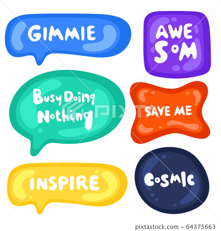Set of stickers on different shapes. Collection of vector multicolored glossy stickers on white background. Teens millenials culture. Cool expression, slang, comics, gaming style, web, speech bubbles Set of stickers on different shapes. Collection of vector multicolored glossy stickers on white background. Teens millenials culture. Cool expression, slang, comics, gaming style, web, speech bubbles 64375663