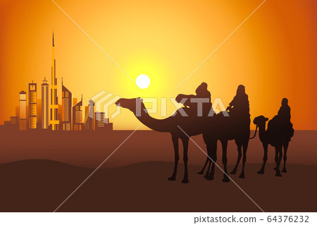 Camel riders in the desert near Dubai city Camel riders in the desert near Dubai city 64376232