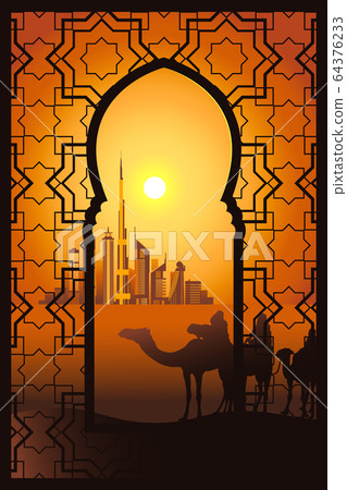 Camel riders in the desert near Dubai city in the Camel riders in the desert near Dubai city in the 64376233