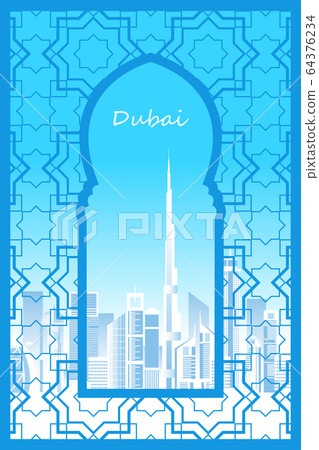 Dubai city in the frame of a traditional arabian 64376234