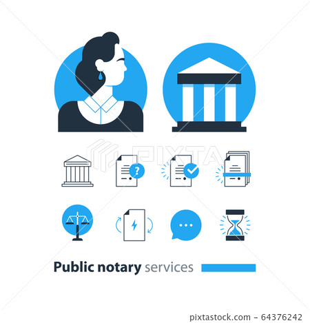 Public notary services icon set, law firm advocacy 64376242