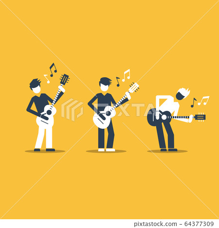 Music band playing live concert, three guitarists 64377309