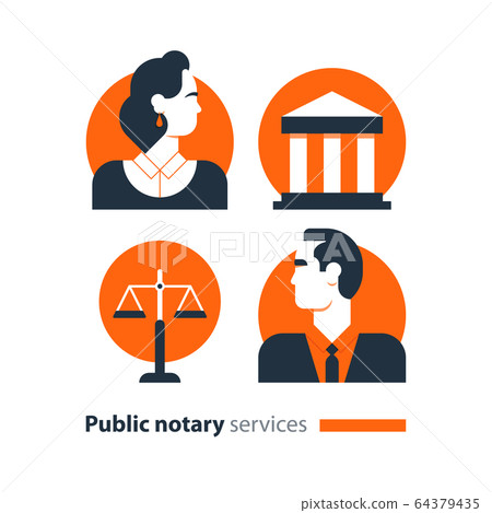 Public notary services icon set, law firm advocacy 64379435