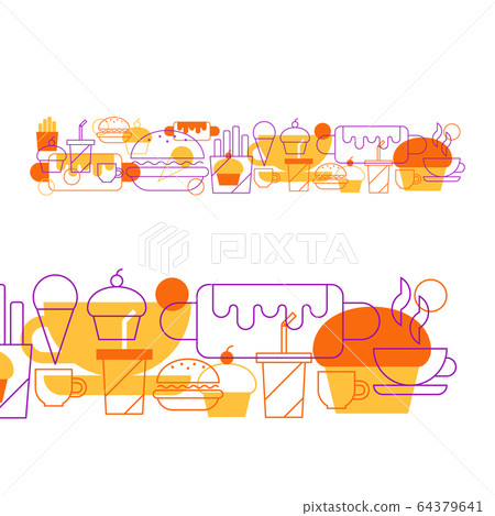 Hot-dog, cupcake, coffee cup tea and drinks 64379641