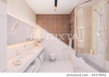 3d render interior design of a modern bathroom with a large mirror 3d render interior design of a modern bathroom with a large mirror 64379692