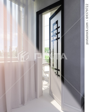 3d render of the interior design of the living room. Interior in white color. View on open doors in a small home office 64379722
