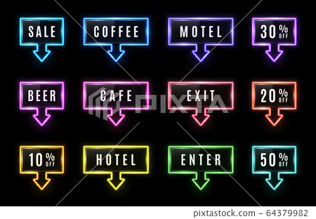 Glowing neon arrow sign set on black background. Motel cafe beer sale enter exit coffee light bulbs pointer. Sale direction symbol. Discount signboard for 10 off 20, 30, 50. Bright vector illustration Glowing neon arrow sign set on black background. Motel cafe beer sale enter exit coffee light bulbs pointer. Sale direction symbol. Discount signboard for 10 off 20, 30, 50. Bright vector illustration 64379982