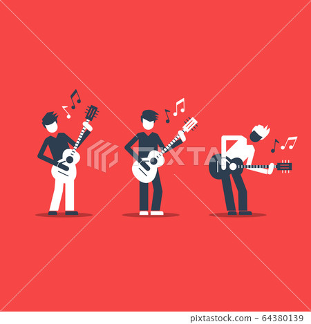 Music band playing live concert, three guitarists 64380139