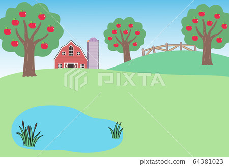 Farm landscape, red barn, pond and apple trees 64381023