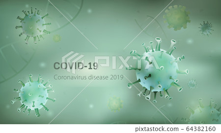 Microscopic virus particles and DNA on light green background 64382160