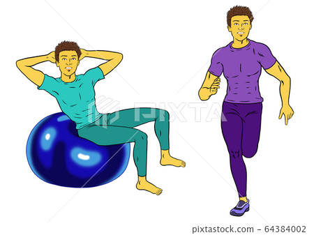 Two sets of fitness instructor man, balance ball and running Two sets of fitness instructor man, balance ball and running 64384002