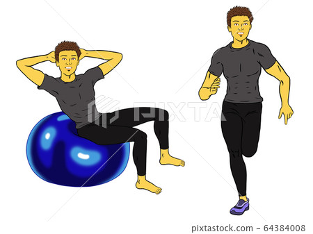 Two sets of fitness instructor man, balance ball and running Two sets of fitness instructor man, balance ball and running 64384008