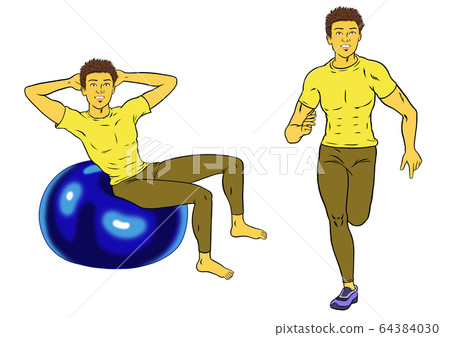 Two sets of fitness instructor man, balance ball and running Two sets of fitness instructor man, balance ball and running 64384030