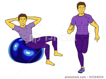 Two sets of fitness instructor man, balance ball and running Two sets of fitness instructor man, balance ball and running 64384034
