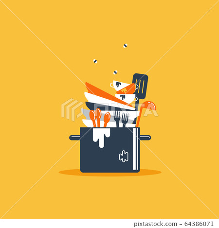 Pile of dirty plates in pan, kitchen washing duty 64386071