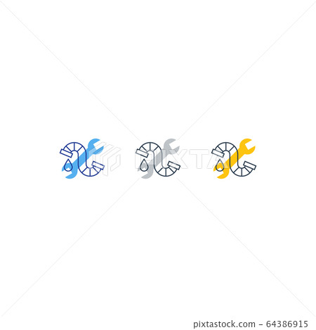 Water drop, pipe and wrench plumbing icon and logo Water drop, pipe and wrench plumbing icon and logo 64386915