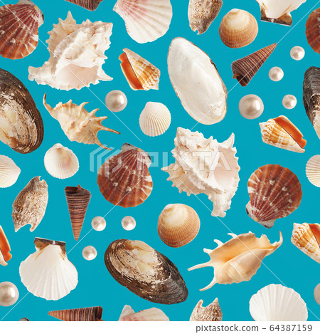 Simple minimalism seamless pattern with photo isolated shells, collage style. 64387159