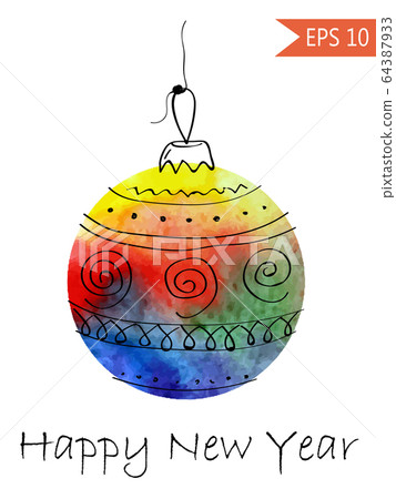 Watercolor christmas bauble with hand-drawn elements Colorful on white background in vector New Year ball 64387933