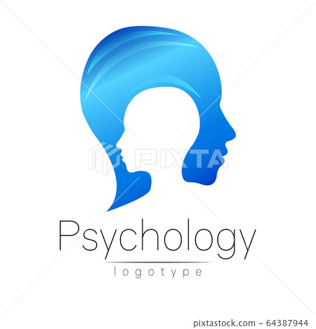 Modern head logo of Psychology. Profile Human. Creative style. Logotype in vector. Design concept. Brand company. Blue color isolated on white background. Symbol for web, print, card, flyer. 64387944