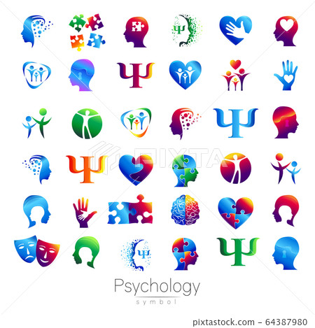 Modern head sign Set of Psychology. Profile Human. Creative style. Symbol in vector. Design concept. Brand company. Green orange blue violet color isolated on white background. Icon for web, print 64387980