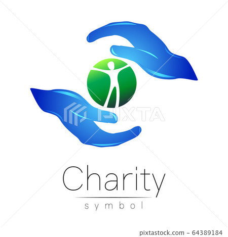 Vector illustration. Symbol of Charity. Sign hand isolated on white background.Blue Icon company, web, card, print. Modern bright element. orphans Help care human 64389184